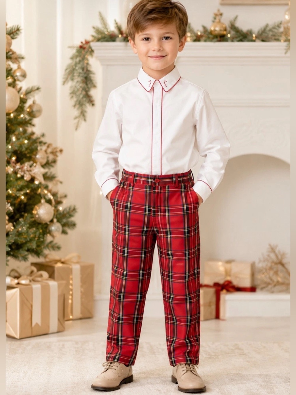 NWT EDGEHILL Collection Boys 2Pc Set White Shirt Candy Cane & Red Pants Size 6